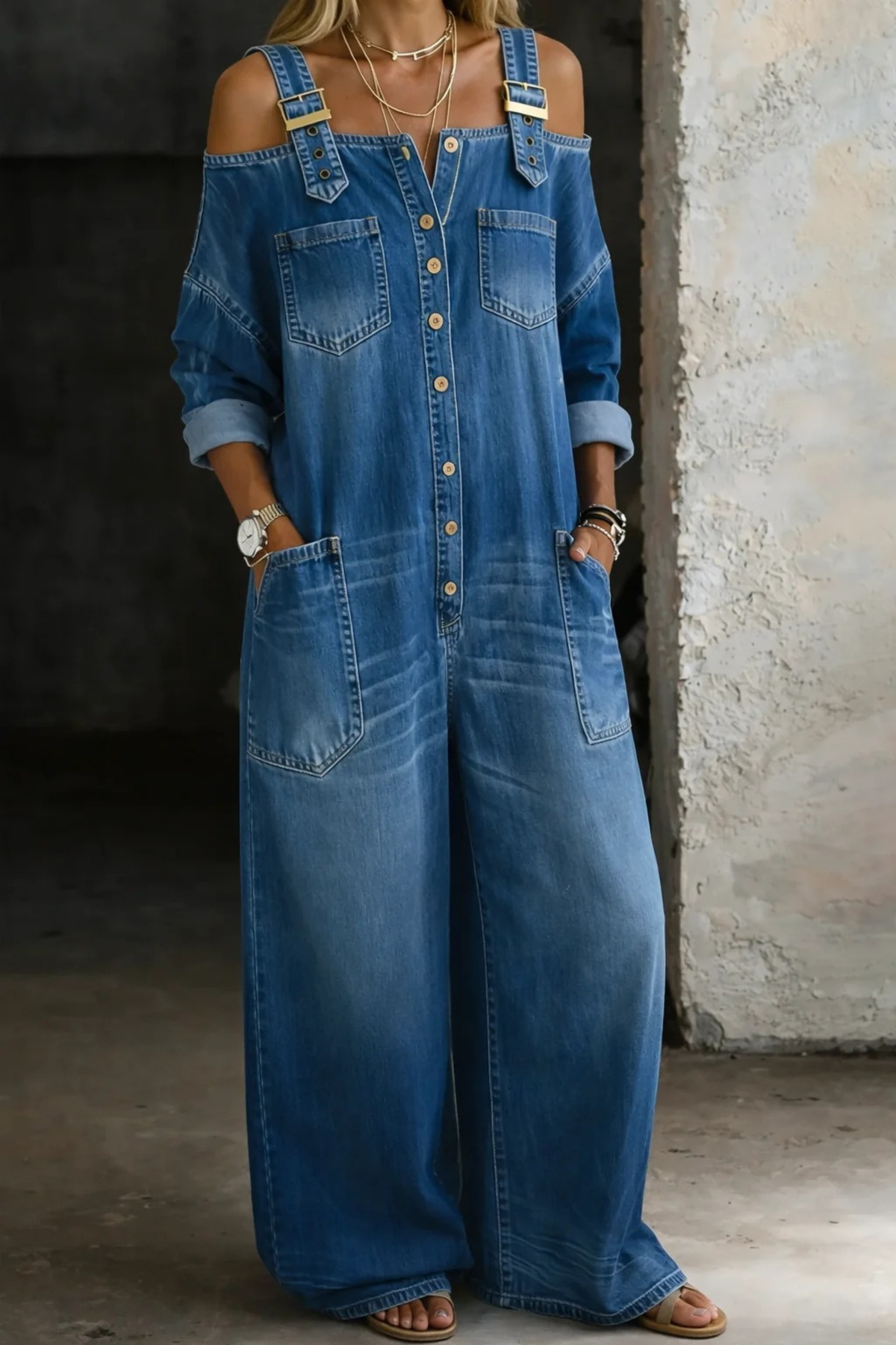 Denim Jumpsuit Cold Shoulder Pocket Detail Casual Style