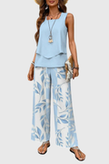 Sleeveless Top Pants Set Botanical Print Casual Style