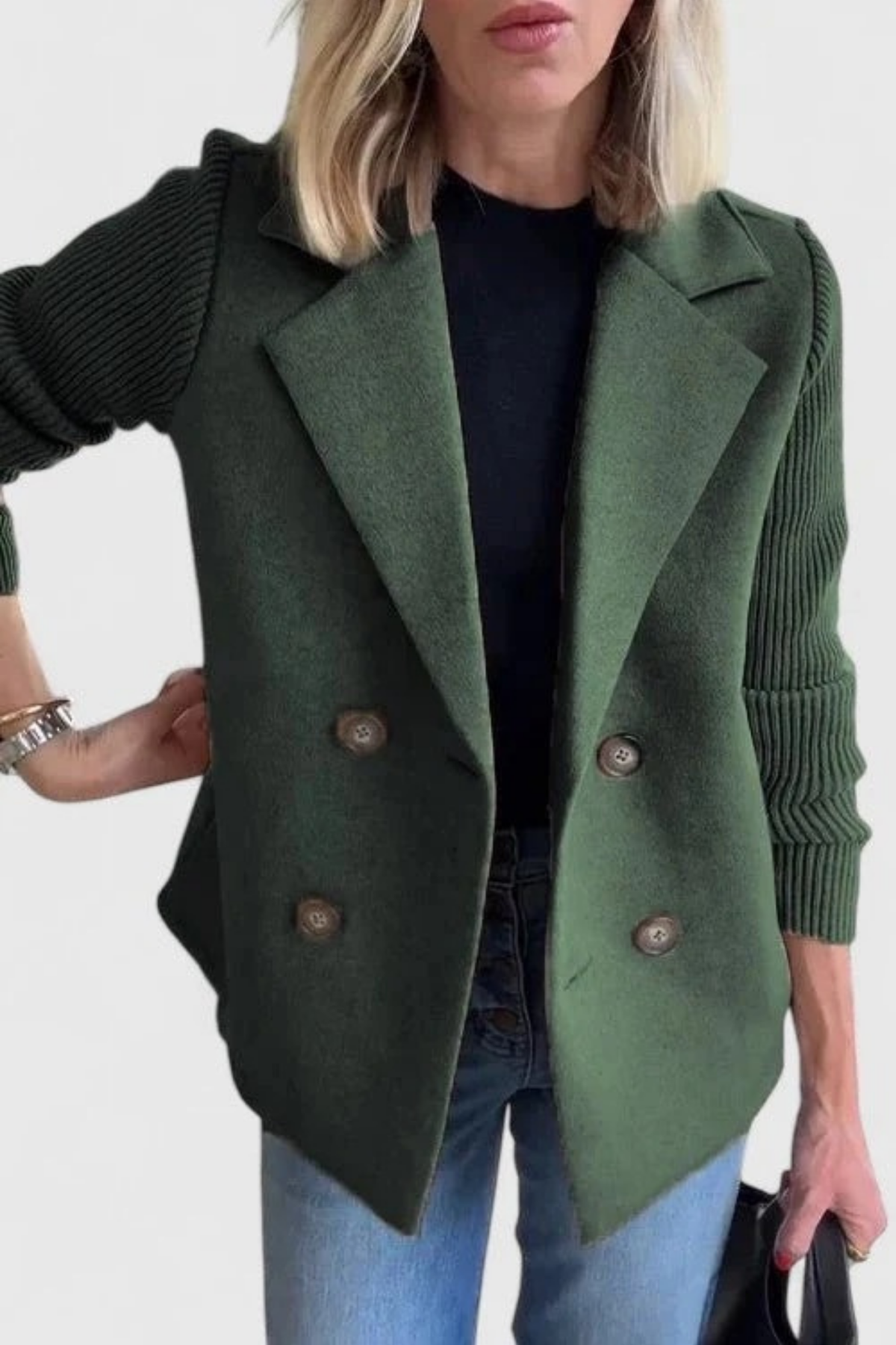 Double Breasted Blazer Knit Sleeve Elegant Style
