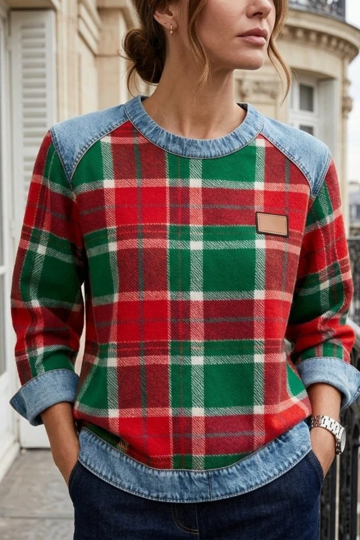 Women’s Plaid Sweatshirt Denim Trim Casual Style