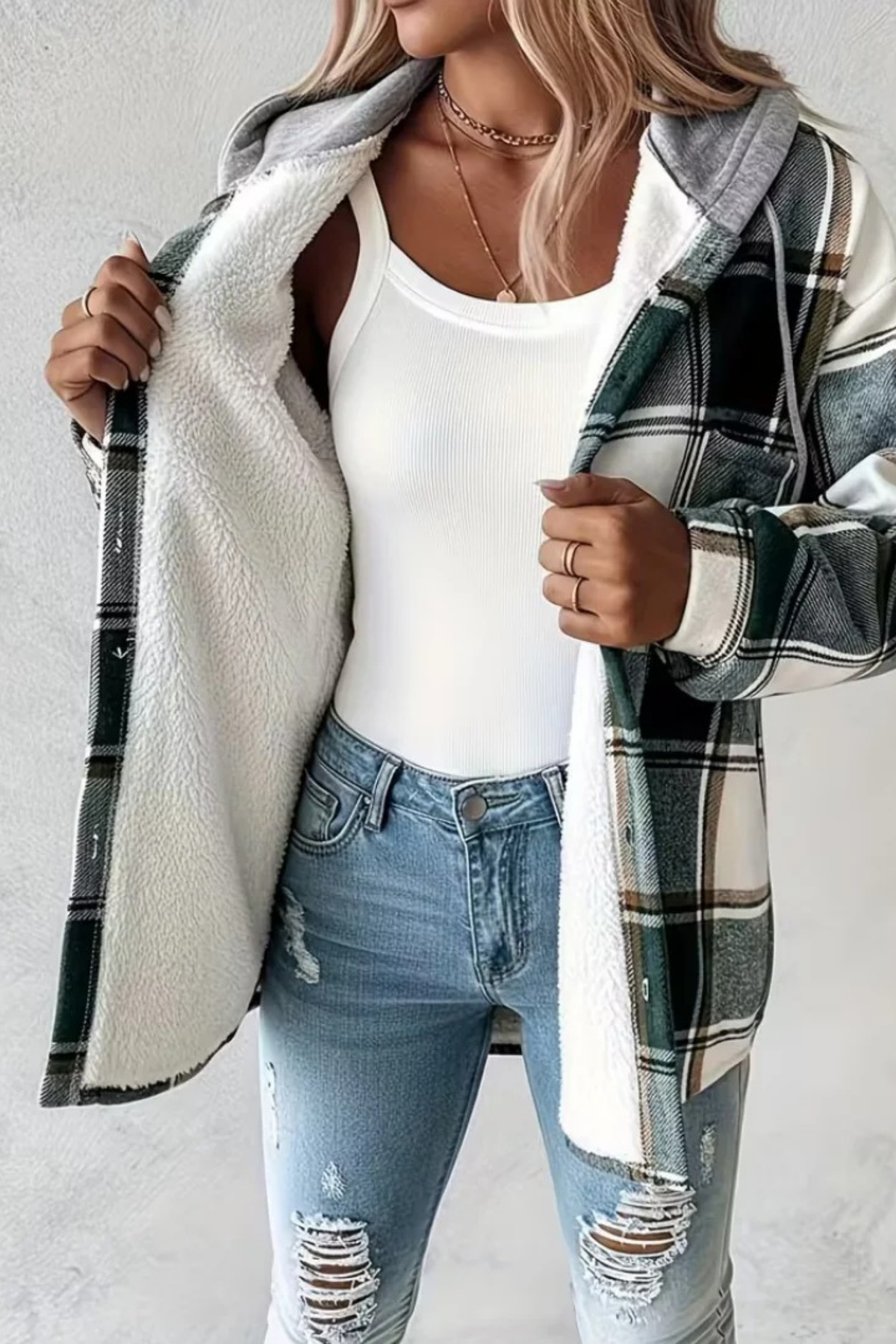 Plaid Hooded Jacket Button Front Casual Style