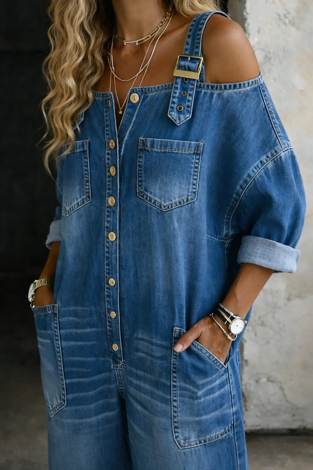 Denim Jumpsuit Cold Shoulder Pocket Detail Casual Style