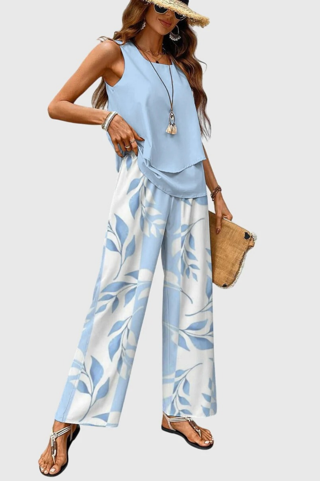 Sleeveless Top Pants Set Botanical Print Casual Style