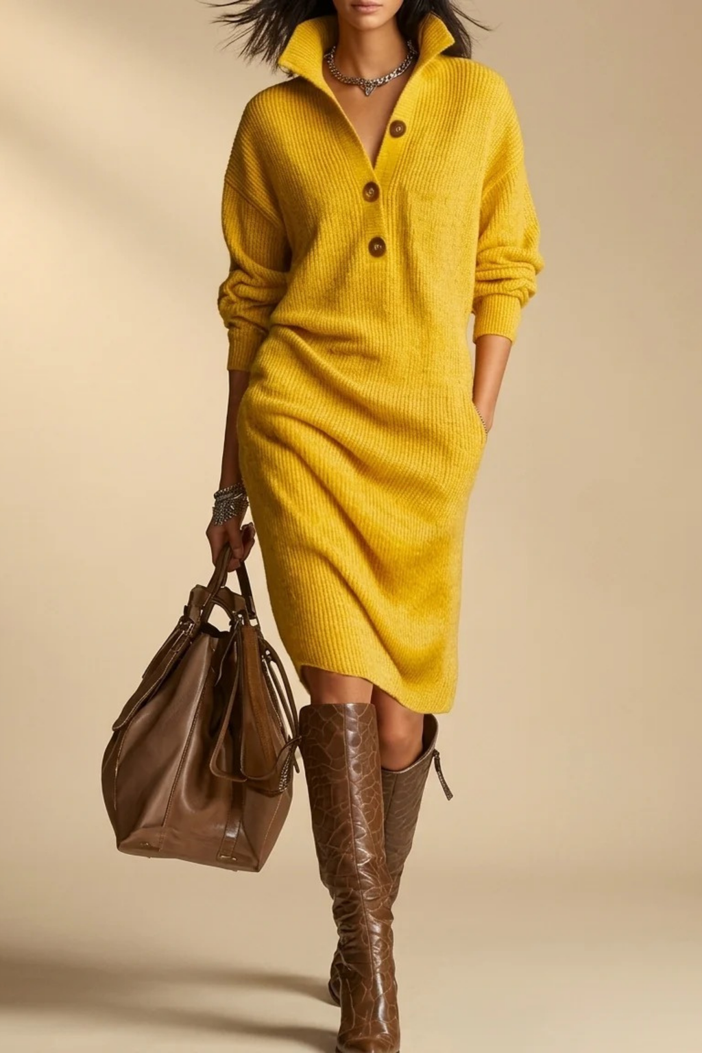 Women’s Midi Sweater Dress Button Collar Elegant Style
