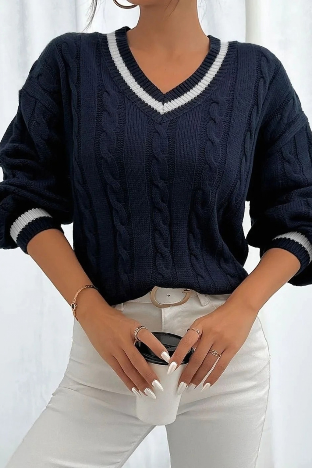 Women’s V-Neck Sweater Striped Trim Classic Style