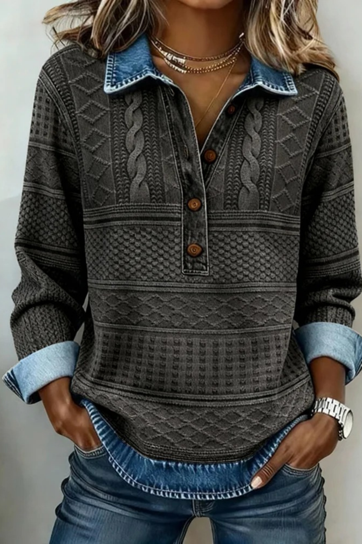 Cable Knit Sweater Button Neck Layered Casual Style
