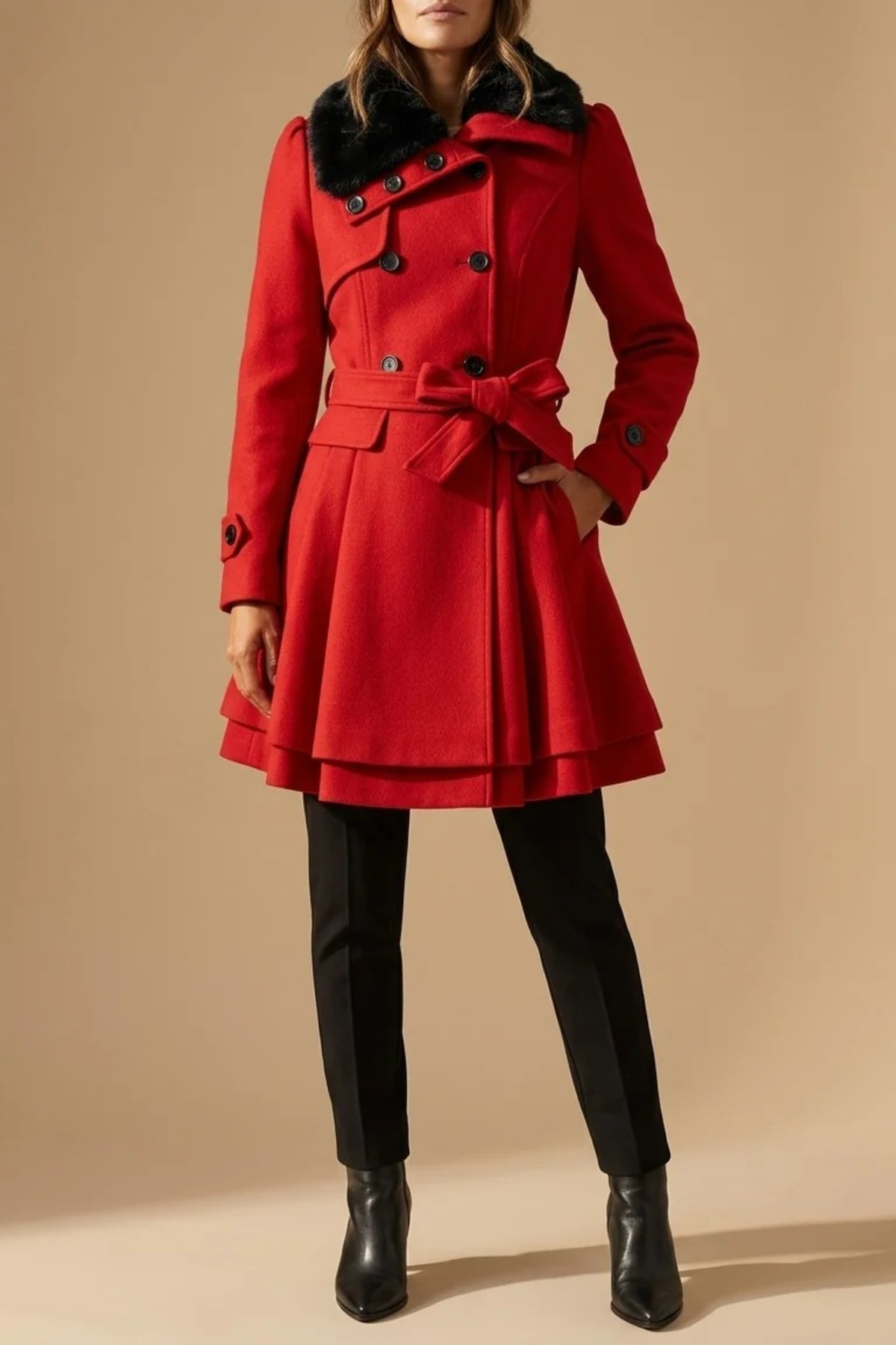 Women’s Double Breasted Coat Faux Fur Collar Elegant Style