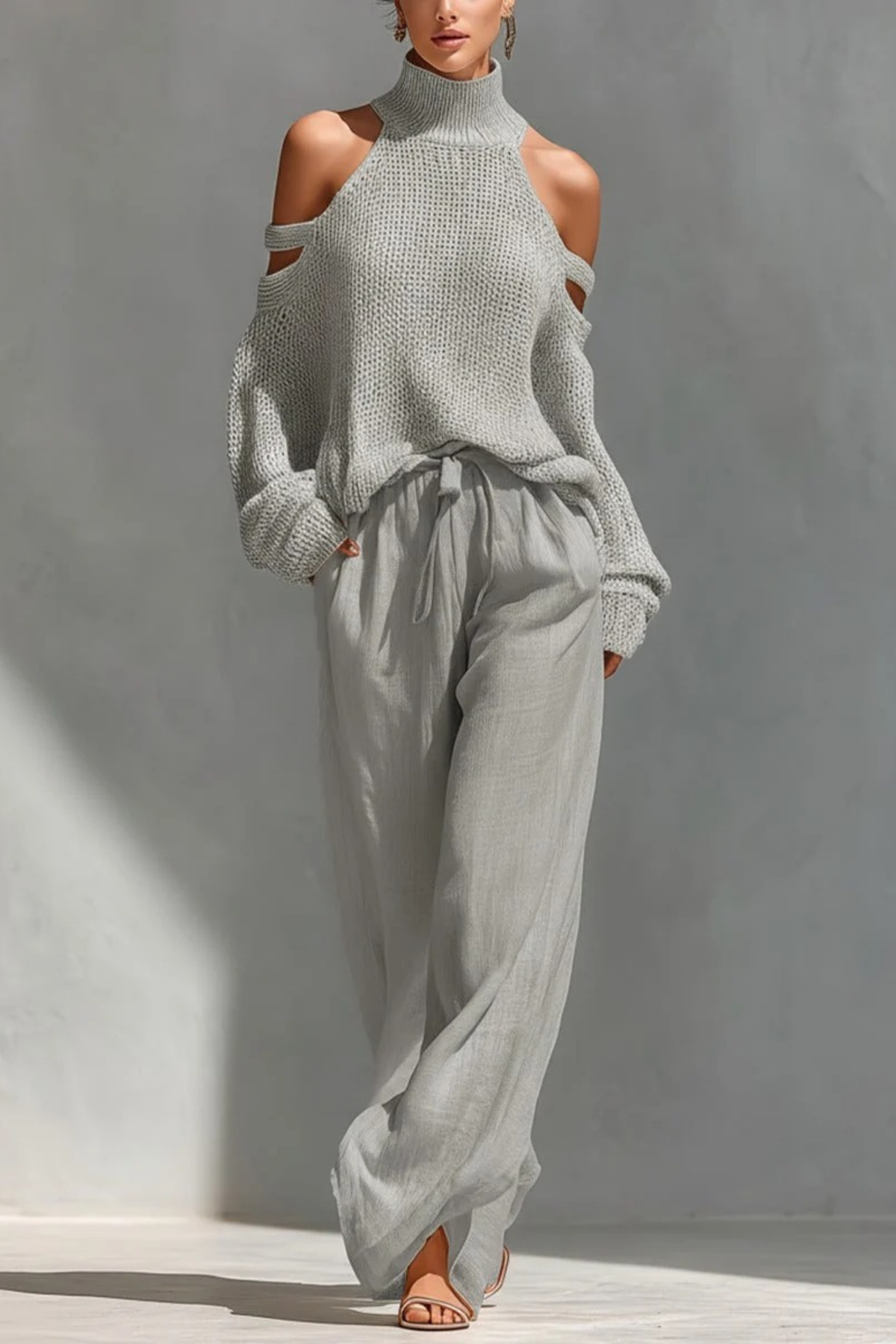 Knit Two Piece Set Cold Shoulder Relaxed Style