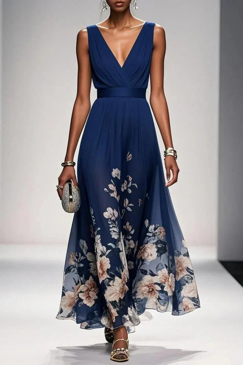 Maxi Wedding Guest Dress Floral V-Neck Elegant Style