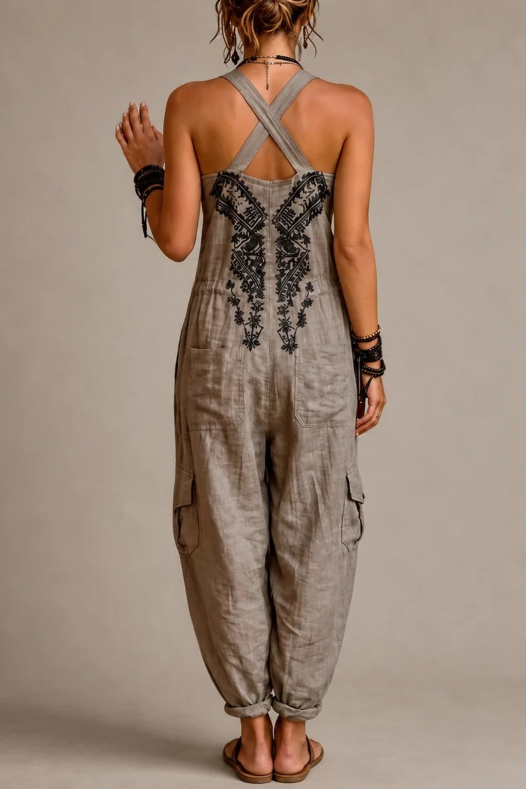 Embroidered Jumpsuit Pocket Detail Boho Style