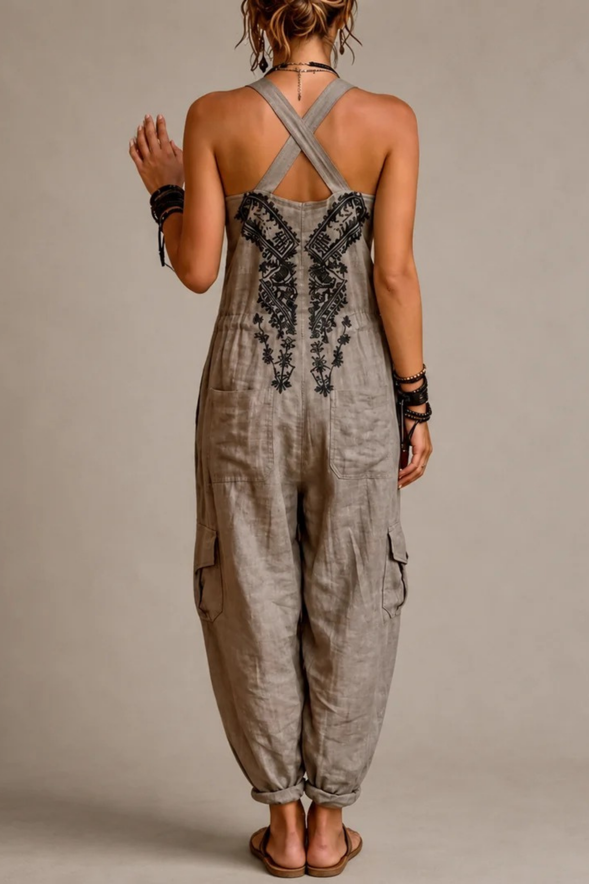 Embroidered Jumpsuit Pocket Detail Boho Style