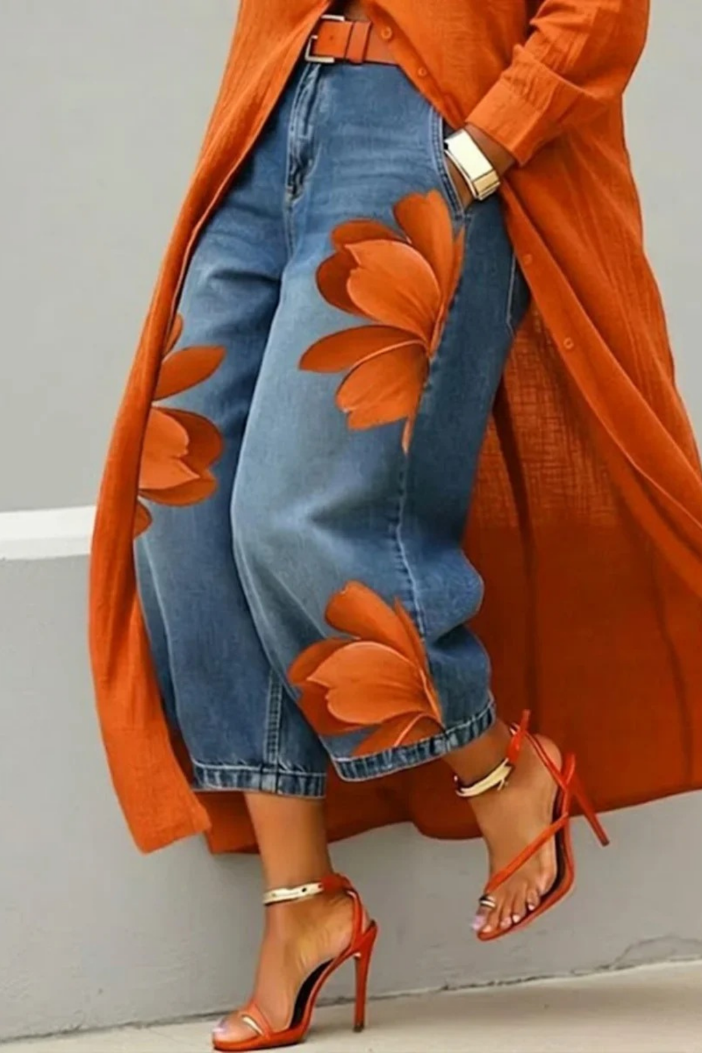 Shirt Dress and Floral Jeans Set