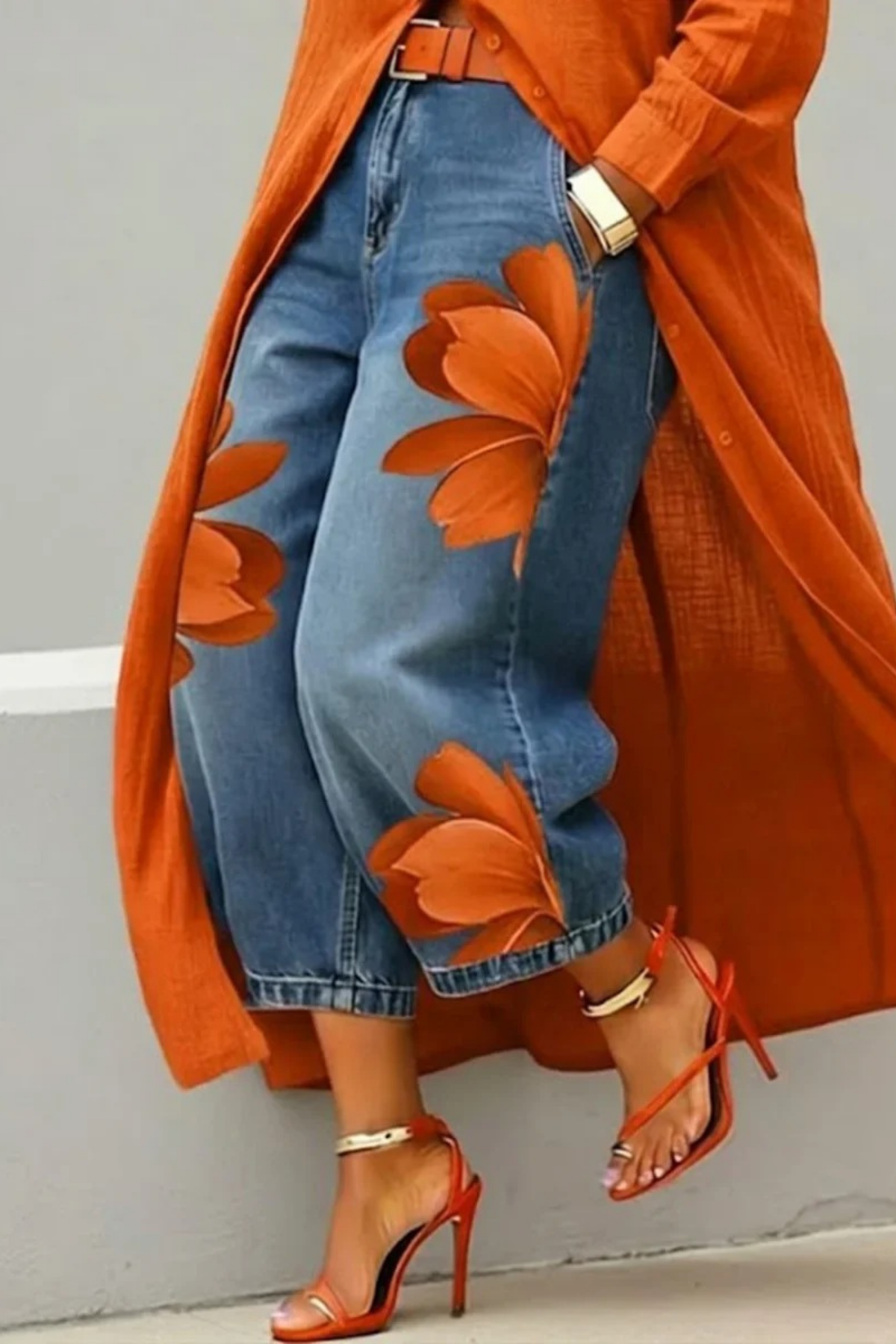 Shirt Dress and Floral Jeans Set