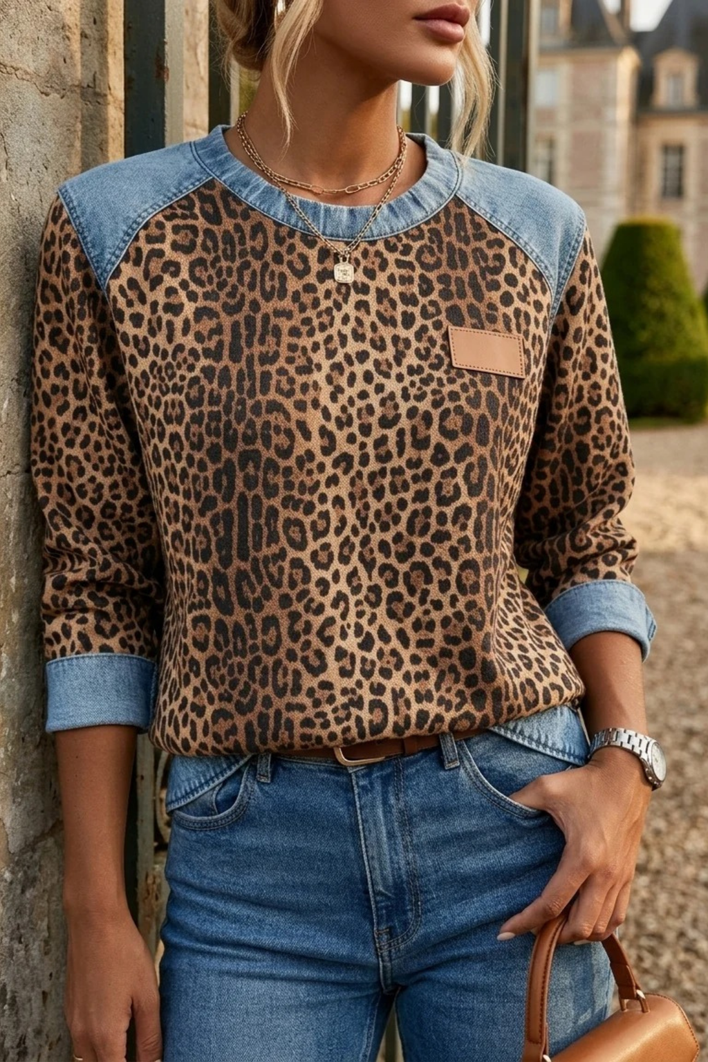 Women’s Leopard Print Sweatshirt Denim Trim Casual Style