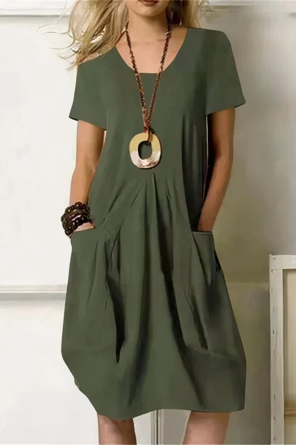 Square Neck Midi Dress Relaxed Casual Style