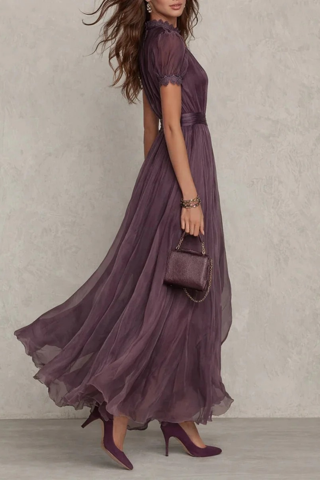 Maxi Dress Lace Trim Chiffon Elegant Style