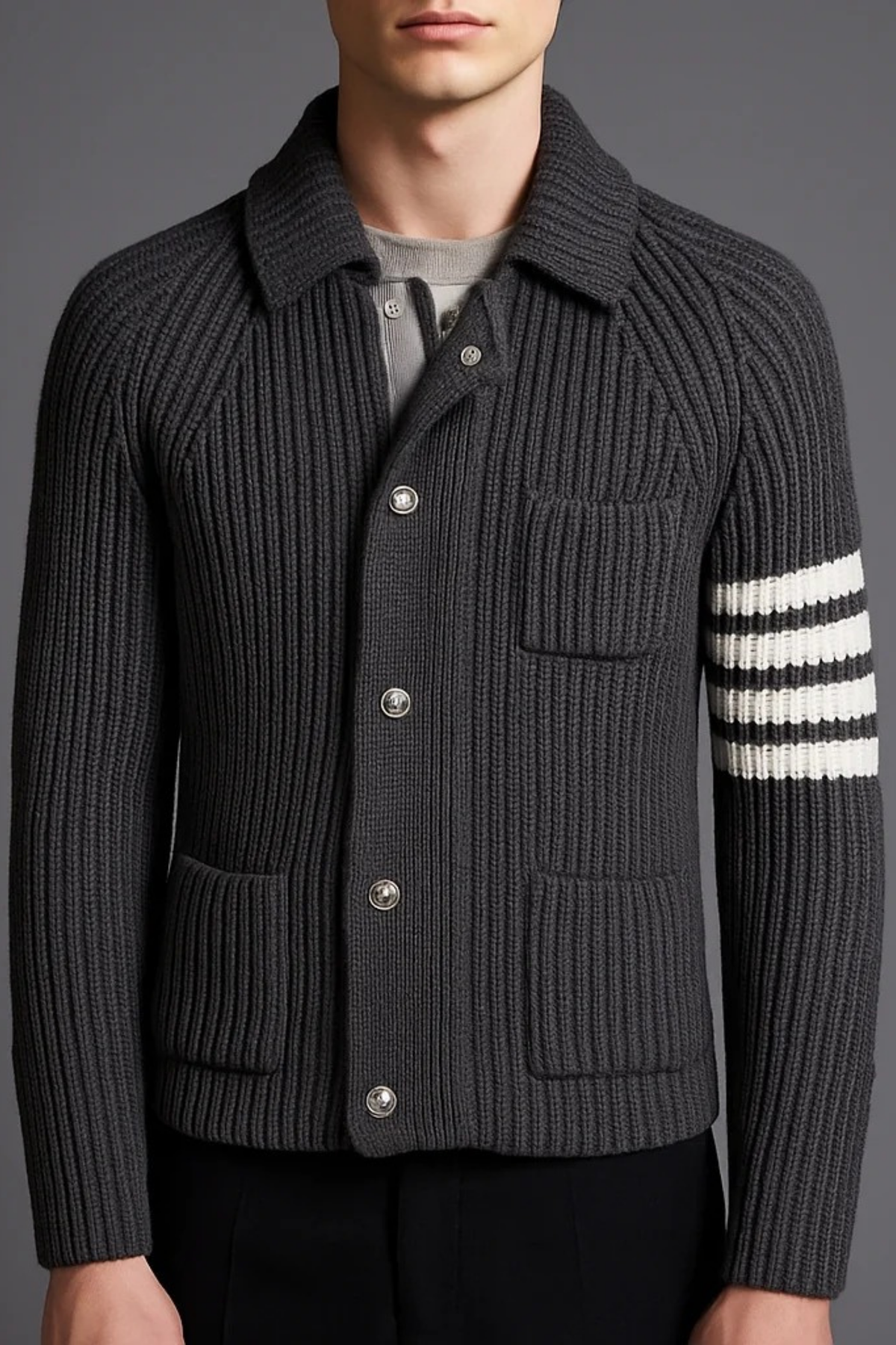 Ribbed Knit Cardigan with Striped Sleeve Classic Style
