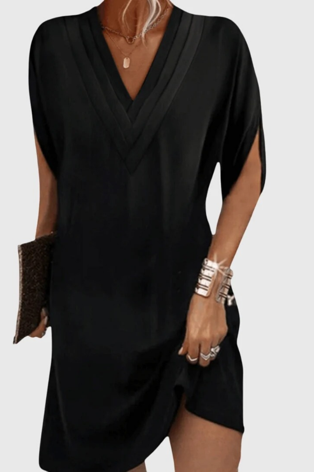 V-Neck Shift Midi Dress Modern Casual Style