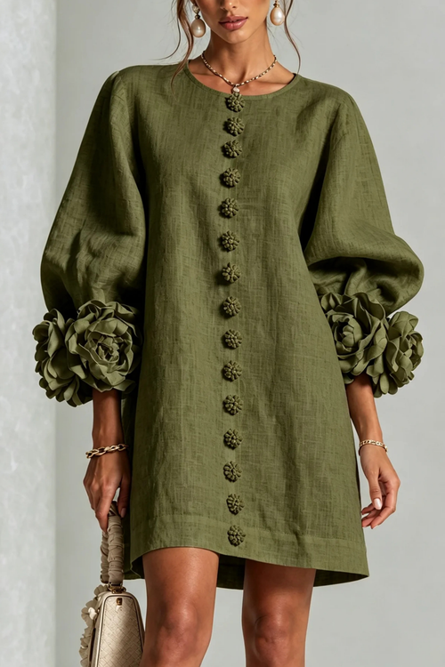 Button Detail Mini Dress Statement Sleeve Chic Style