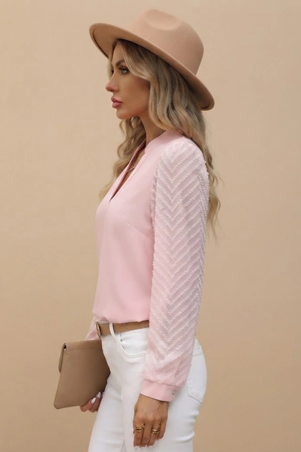 Women’s Blouse V-Neck Textured Sleeve Elegant Style