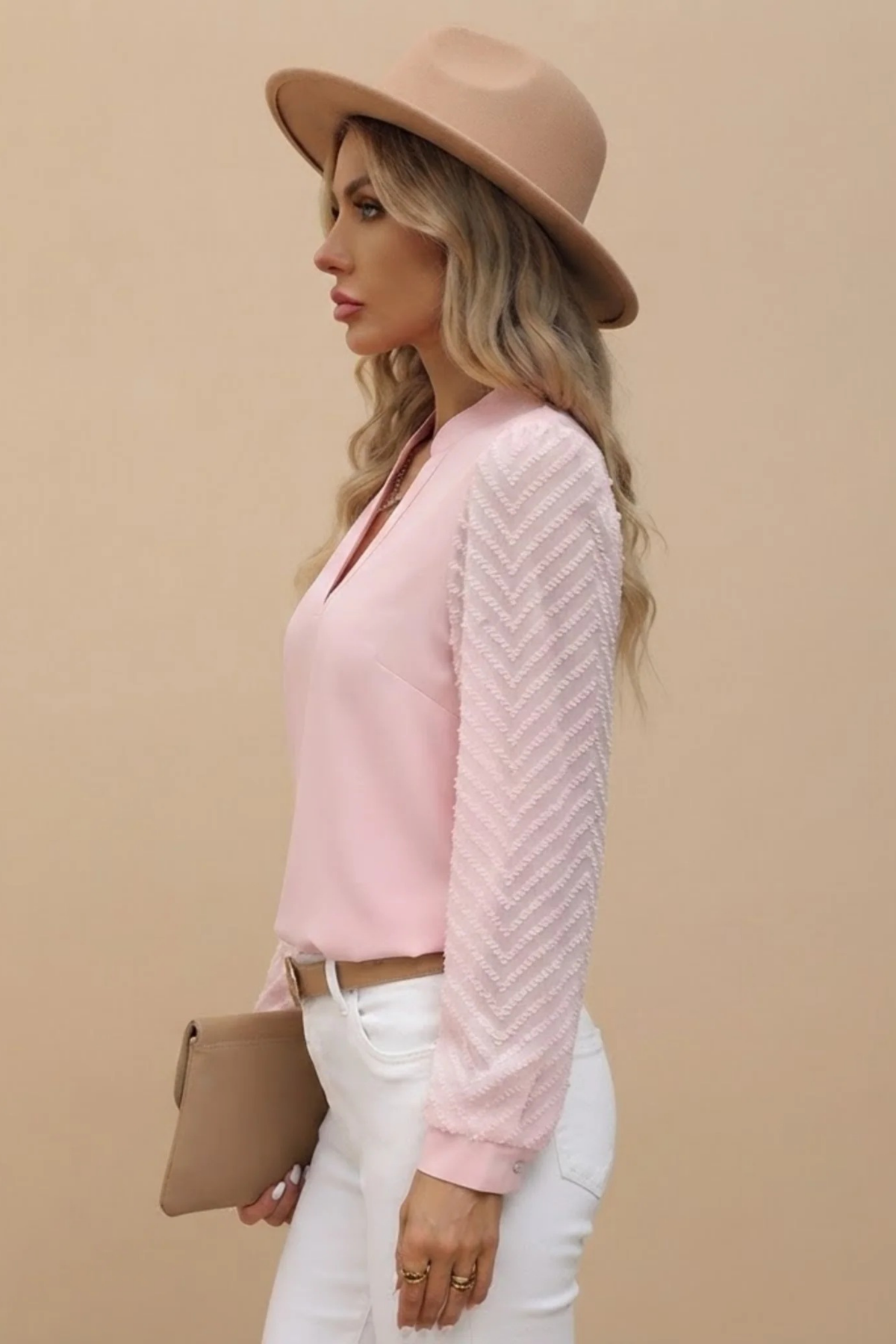 Women’s Blouse V-Neck Textured Sleeve Elegant Style