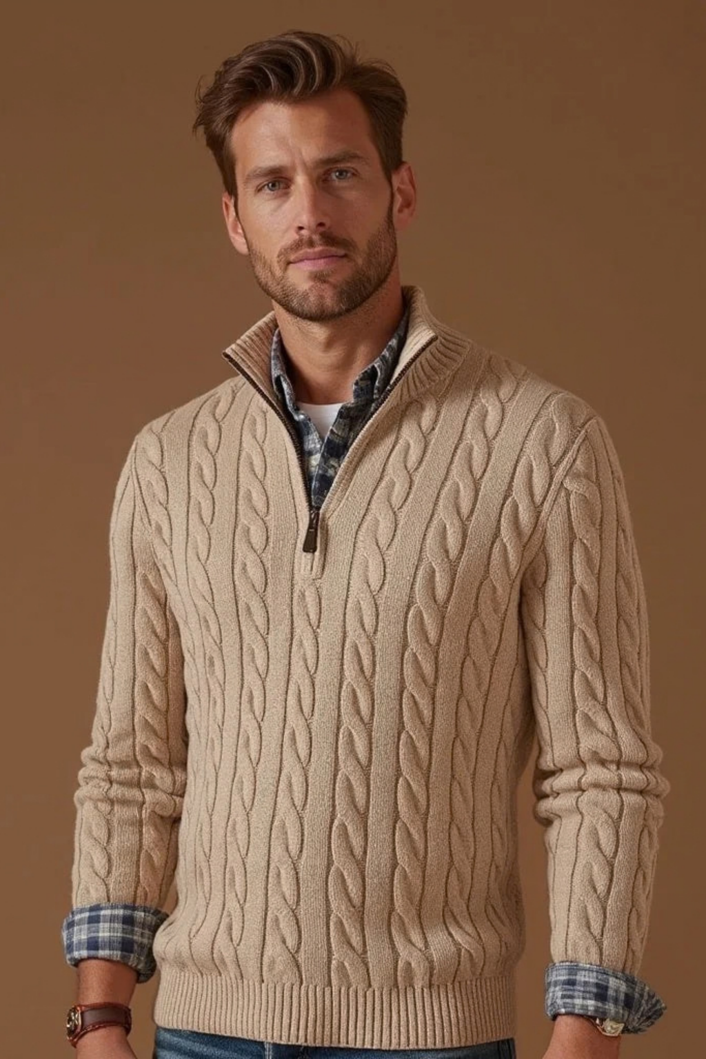 Men’s Long Cardigan Quarter Zip Cable Knit Classic Style