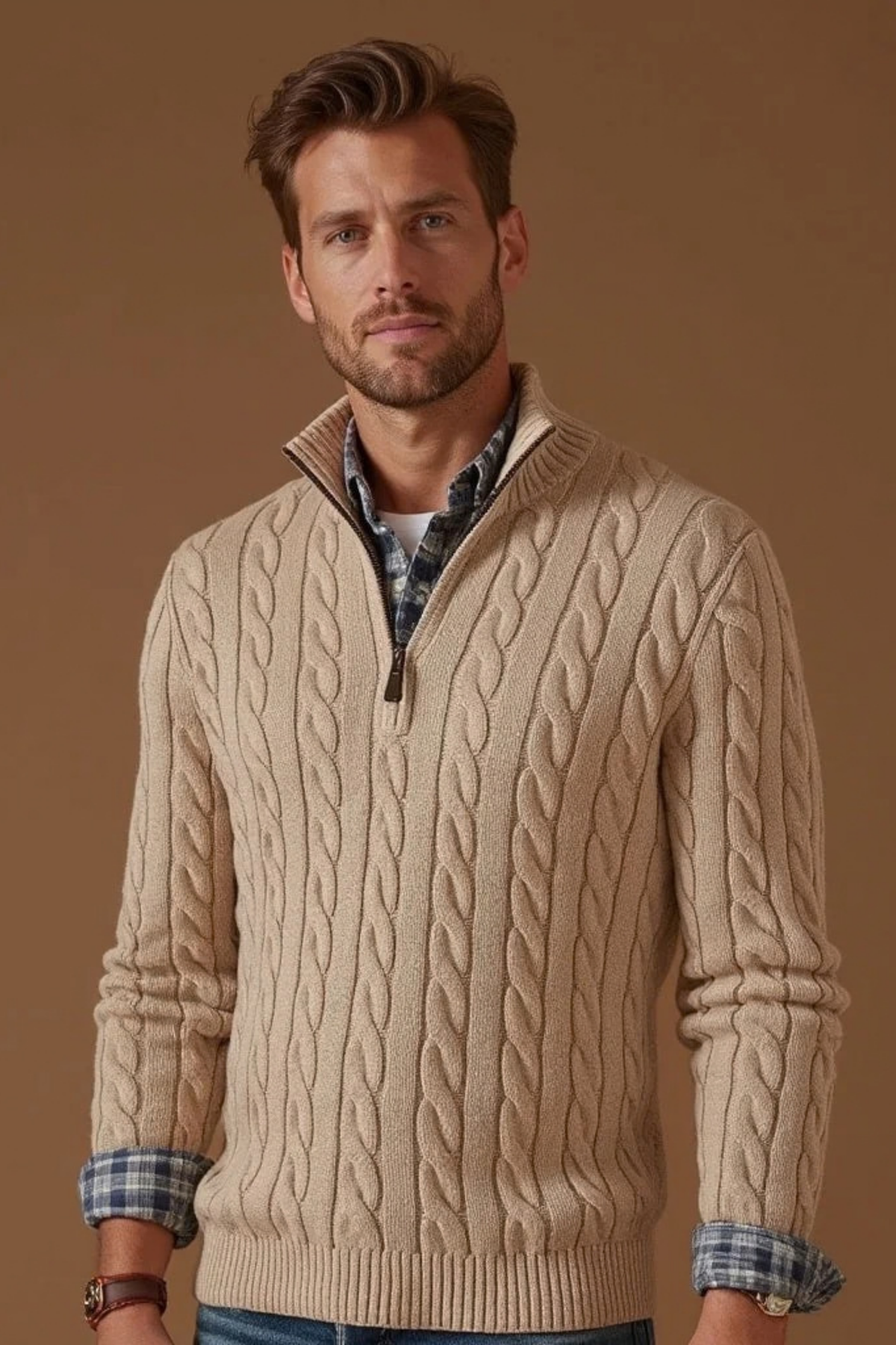 Men’s Long Cardigan Quarter Zip Cable Knit Classic Style