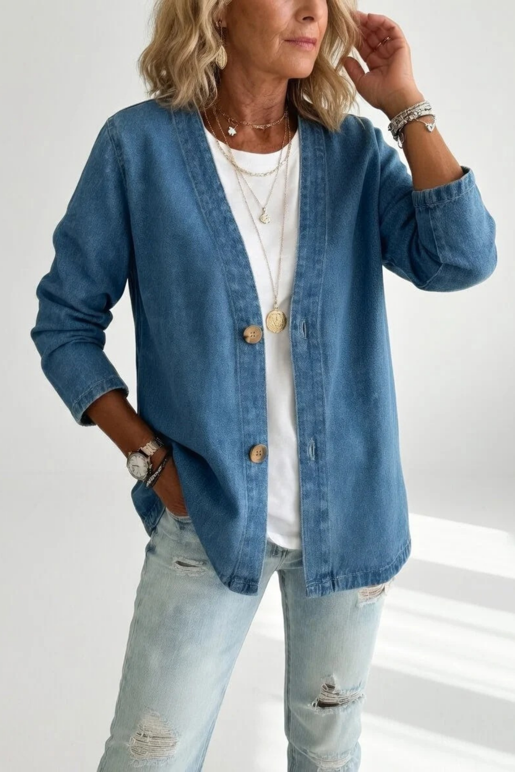 V-Neck Denim Jacket Button Detail Everyday Style