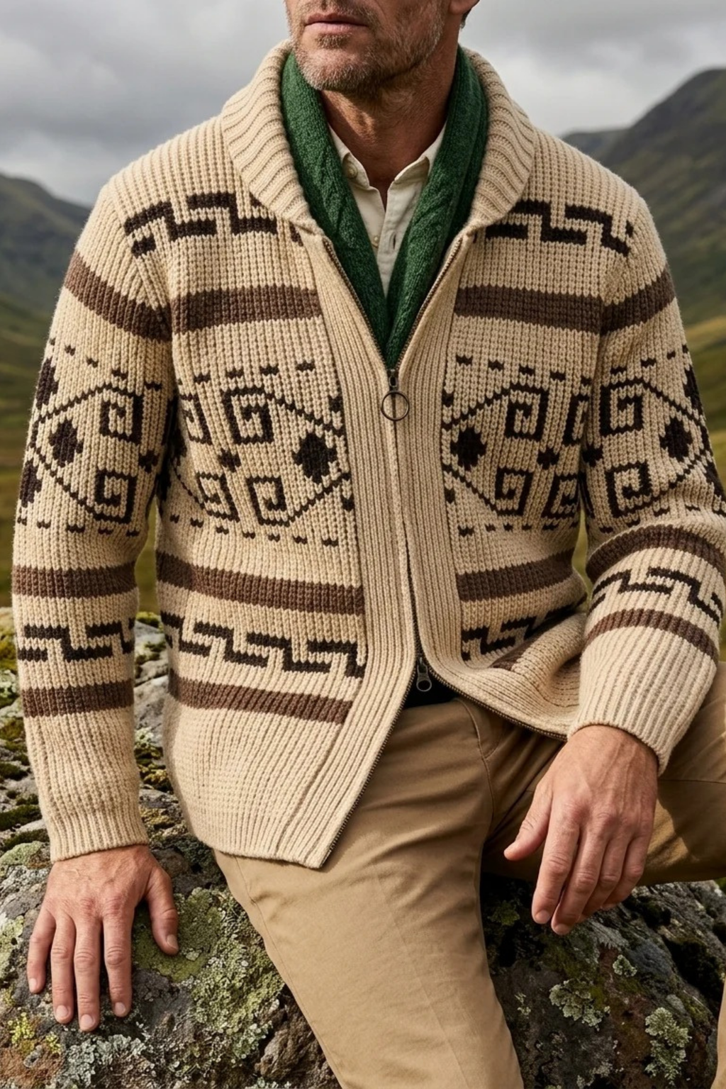 Patterned Zip Up Knit Cardigan Outdoor Casual Style