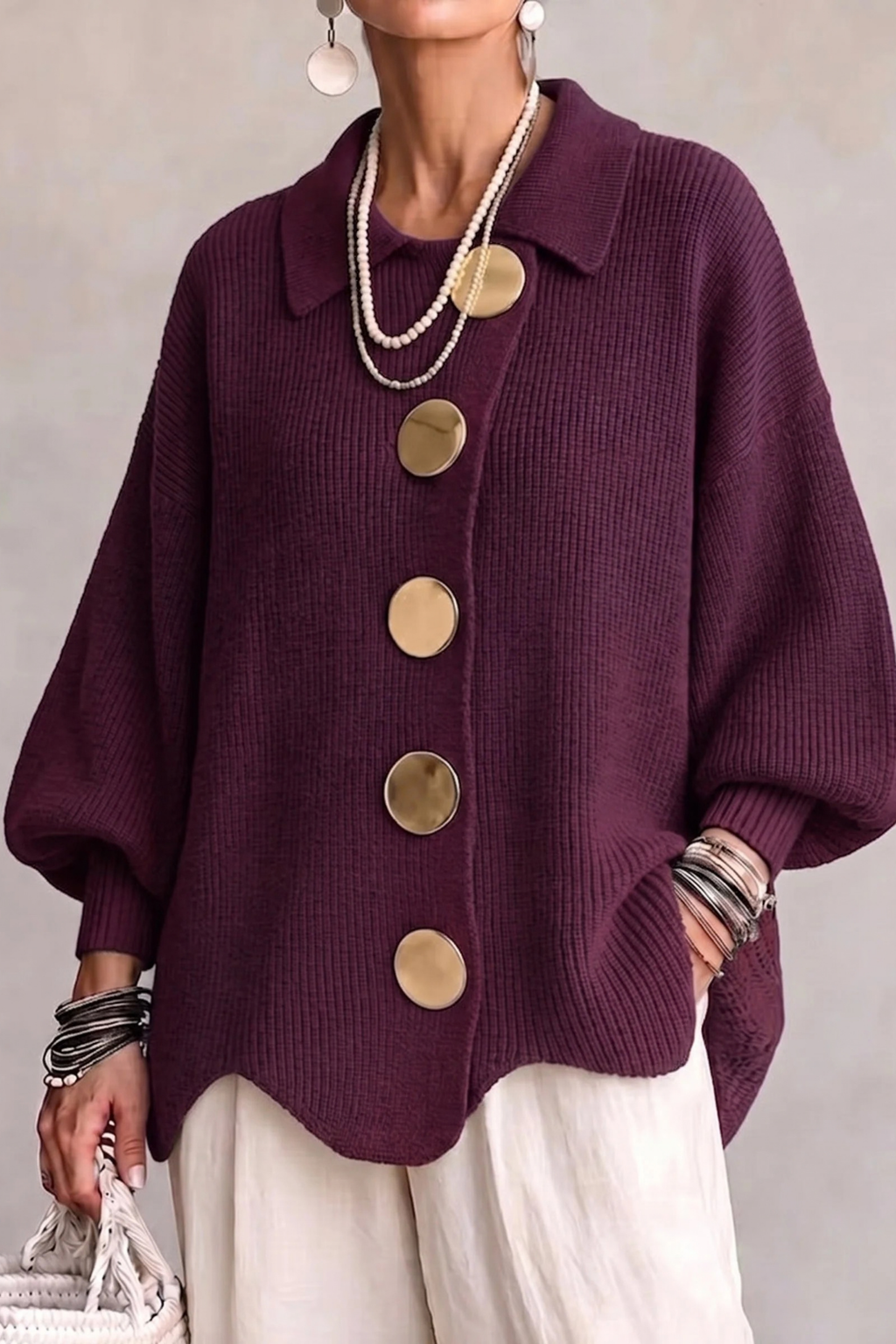Oversized Cardigan Large Button Elegant Style
