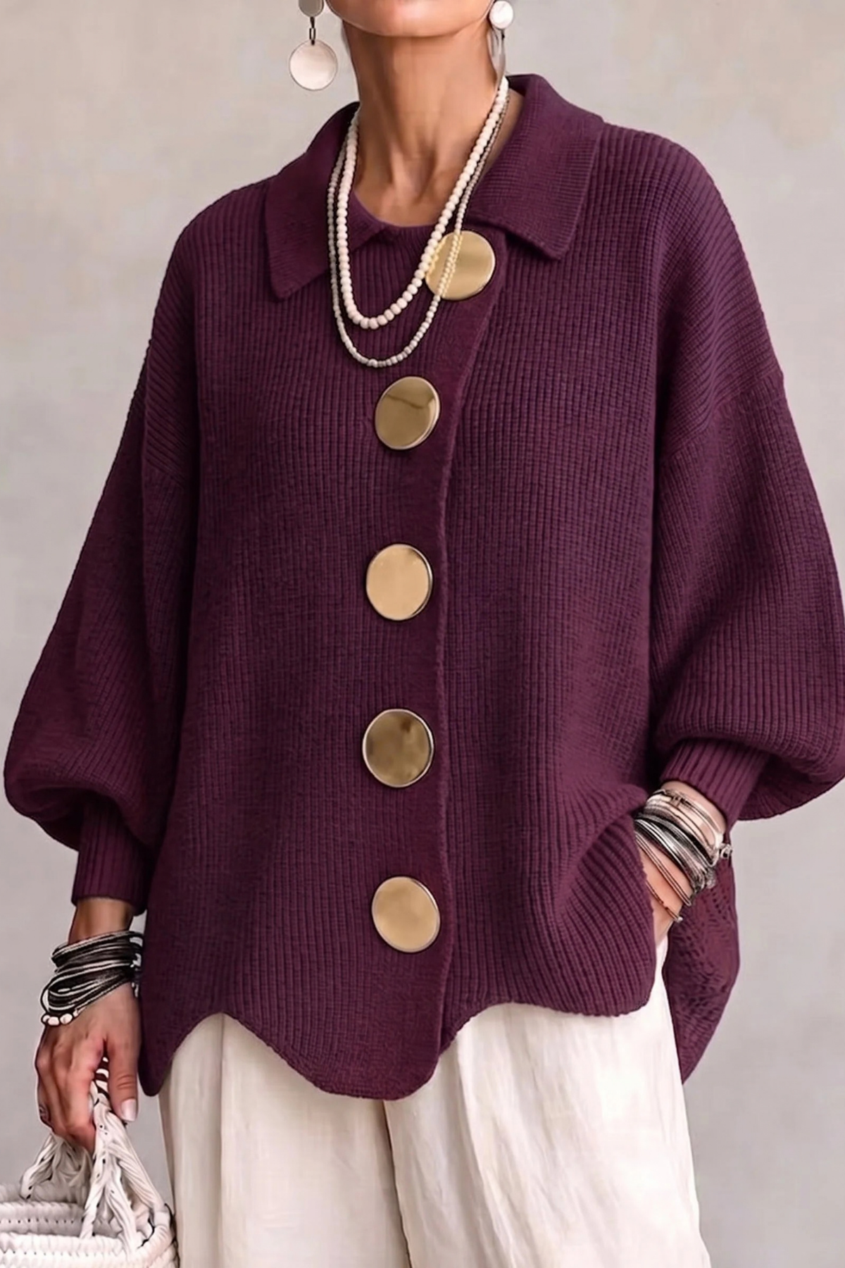 Oversized Cardigan Large Button Elegant Style