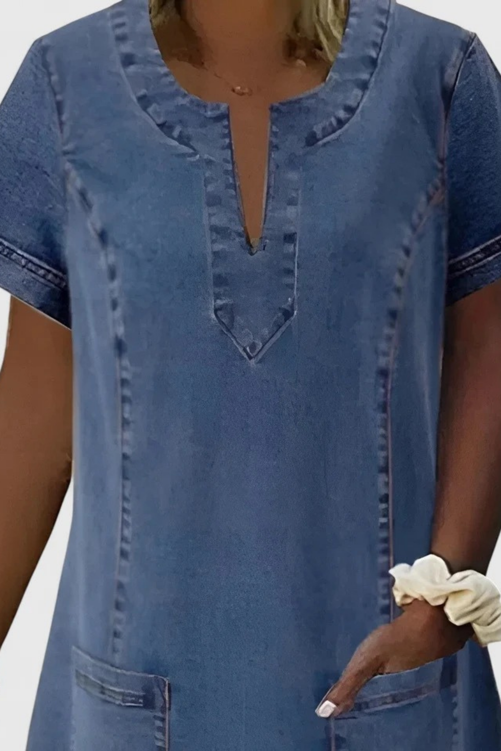 Denim Mini Dress Pocket Detail Casual Style
