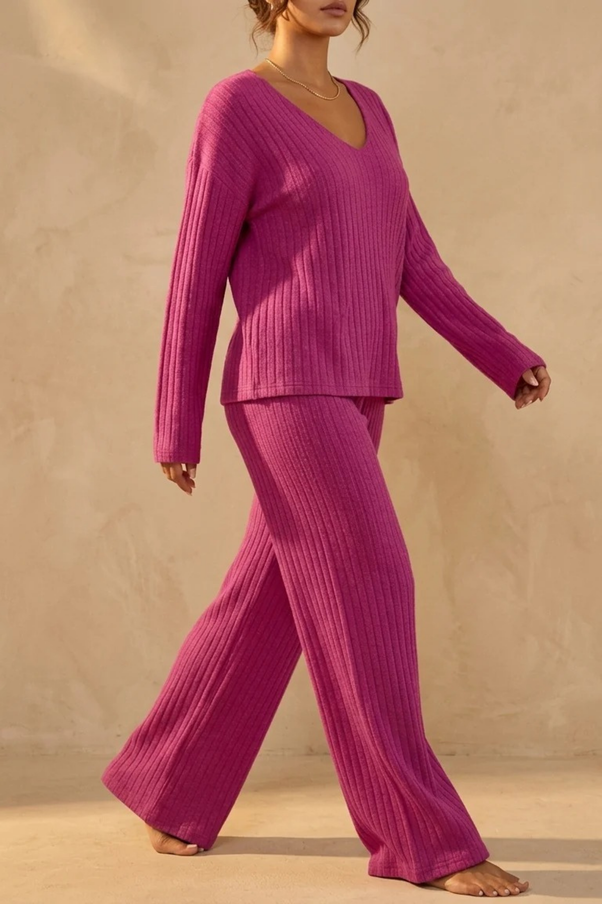 Women’s Ribbed Pajama Set V-Neck Relaxed Style