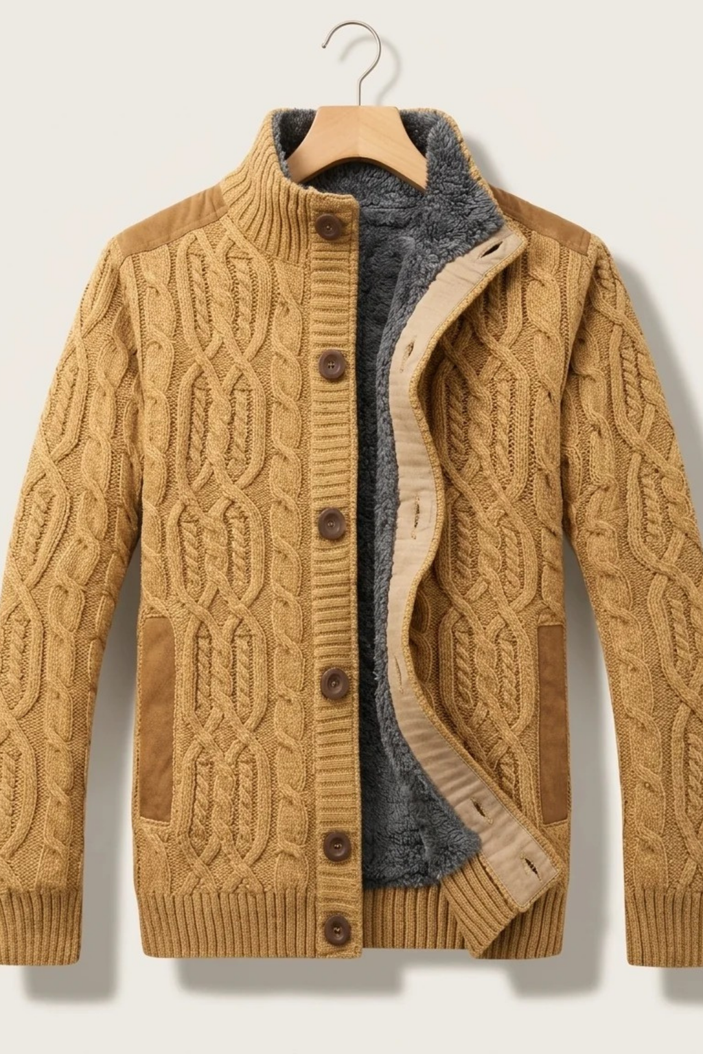 Men’s Cable Knit Cardigan Fleece Lined Classic Style