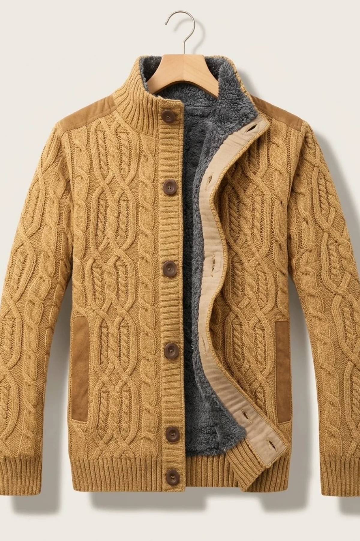 Men’s Cable Knit Cardigan Fleece Lined Classic Style