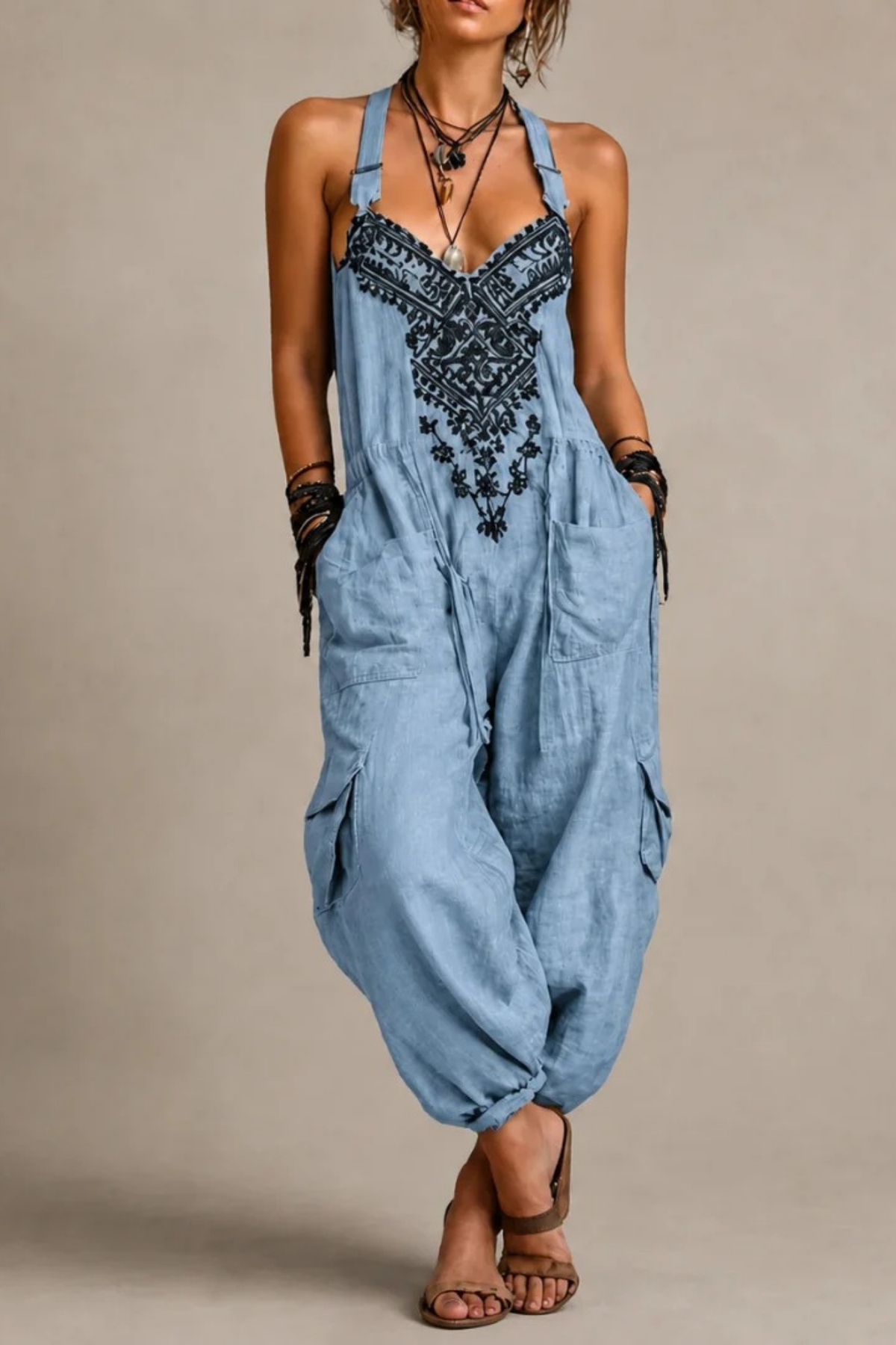 Embroidered Jumpsuit Pocket Detail Boho Style