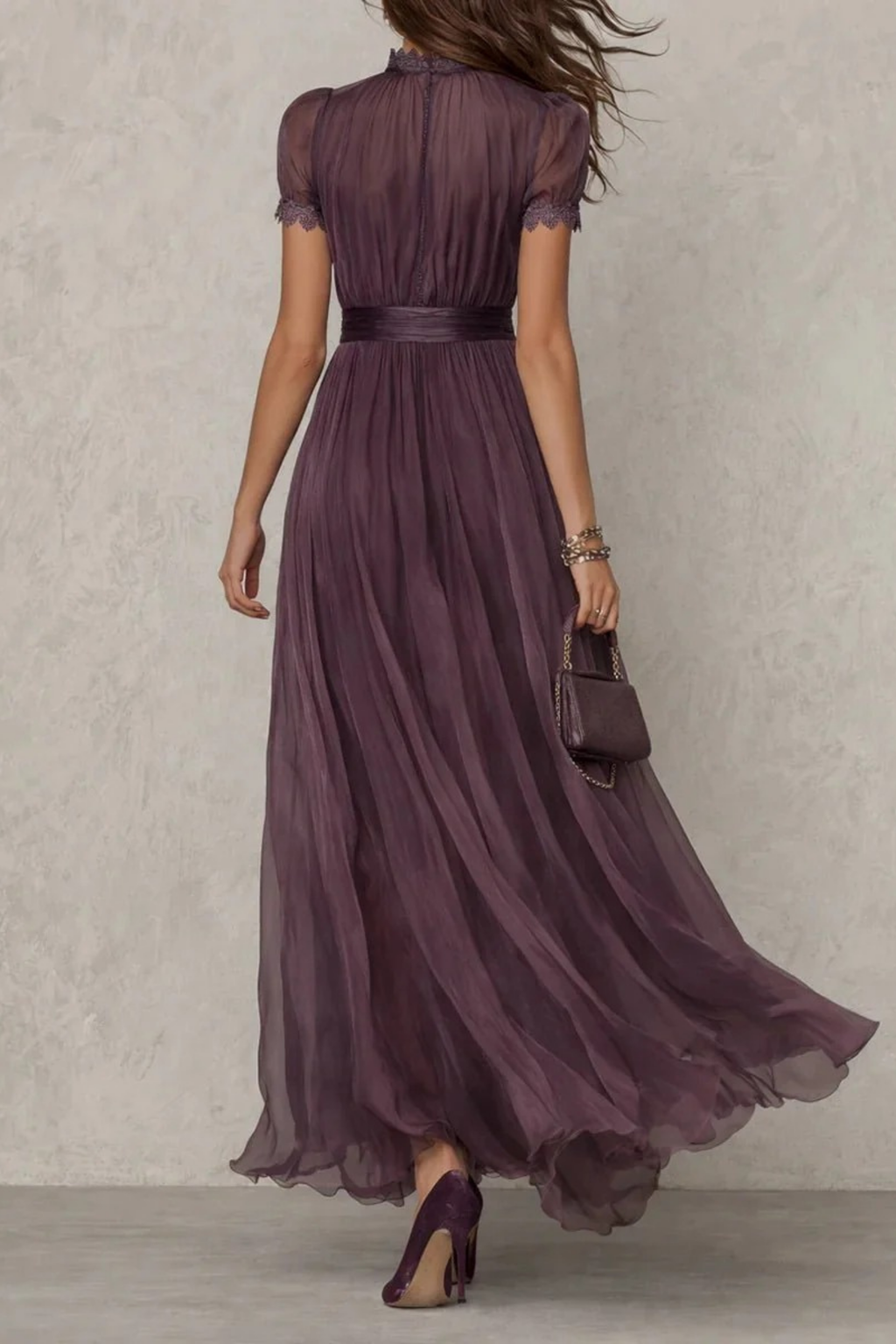 Maxi Dress Lace Trim Chiffon Elegant Style