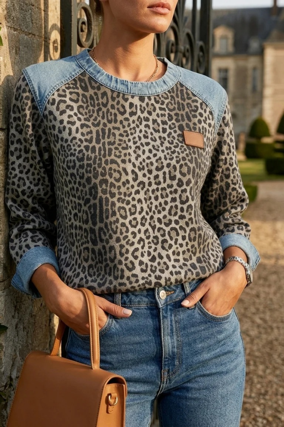 Women’s Leopard Print Sweatshirt Denim Trim Casual Style