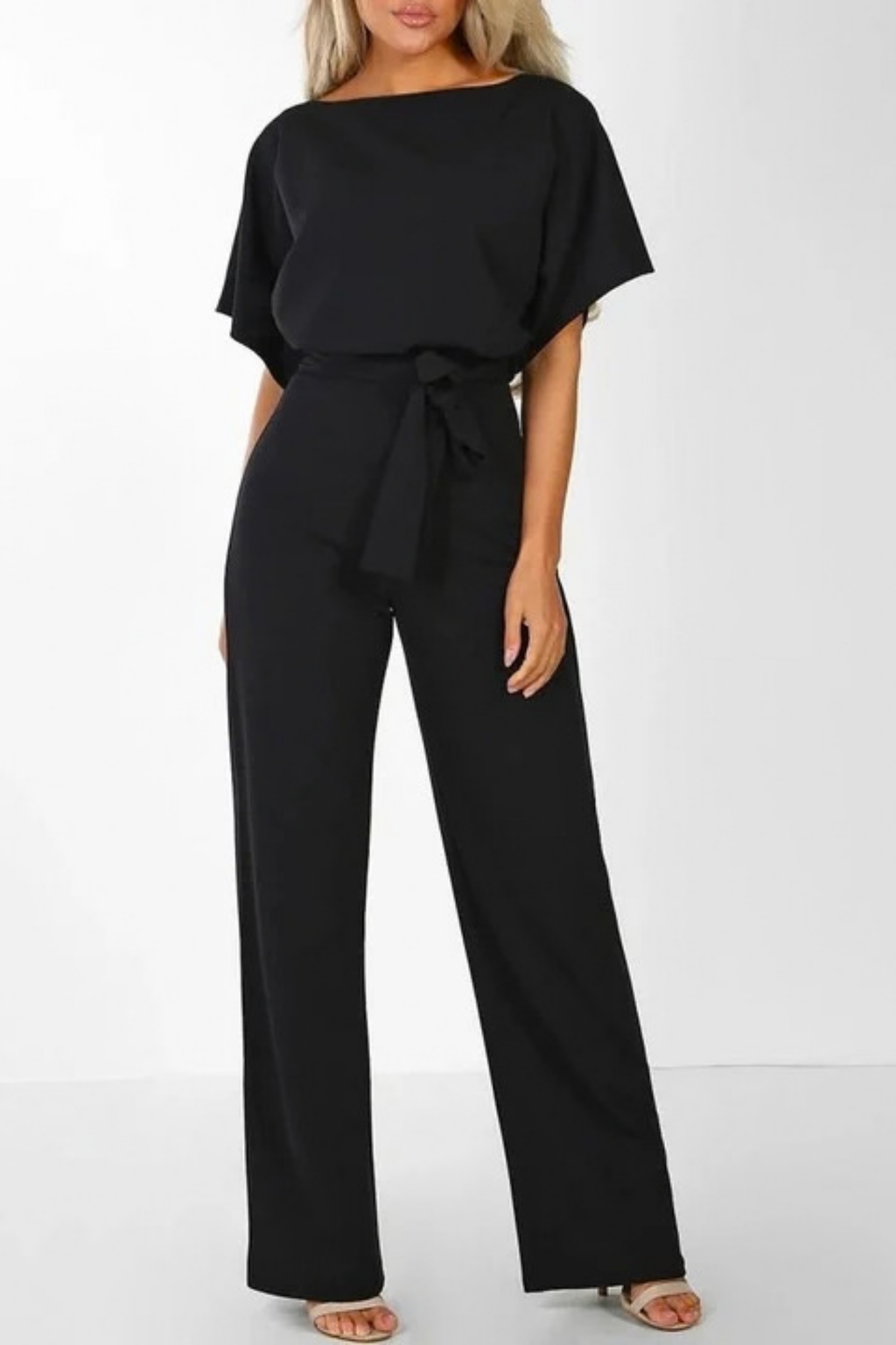 Women’s Boat Neck Jumpsuit Belted Waist Chic Style