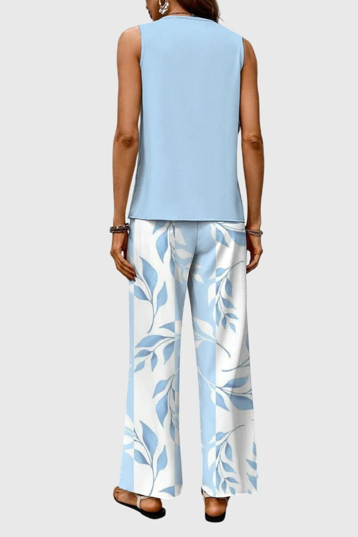 Sleeveless Top Pants Set Botanical Print Casual Style