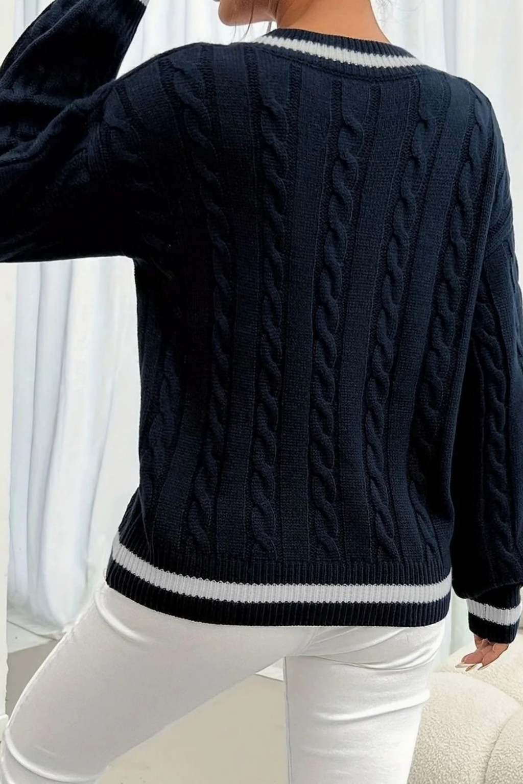 Women’s V-Neck Sweater Striped Trim Classic Style