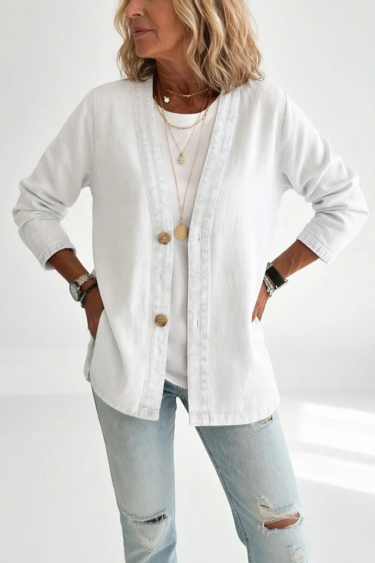 V-Neck Denim Jacket Button Detail Everyday Style