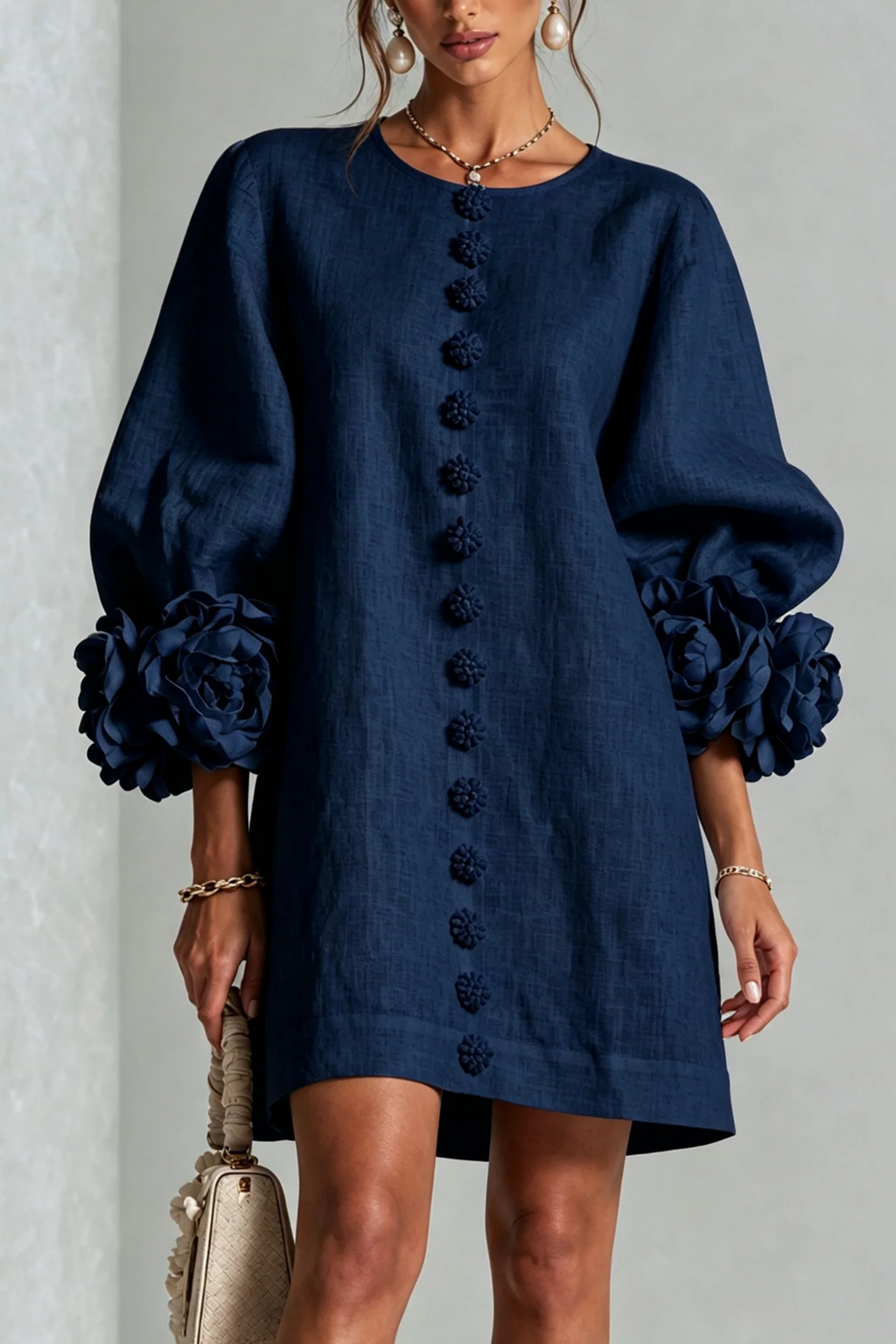 Button Detail Mini Dress Statement Sleeve Chic Style