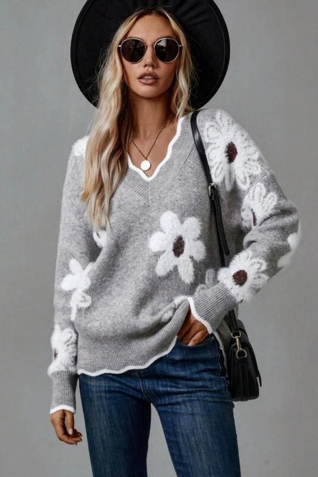 Women’s V-Neck Sweater Floral Print Casual Style
