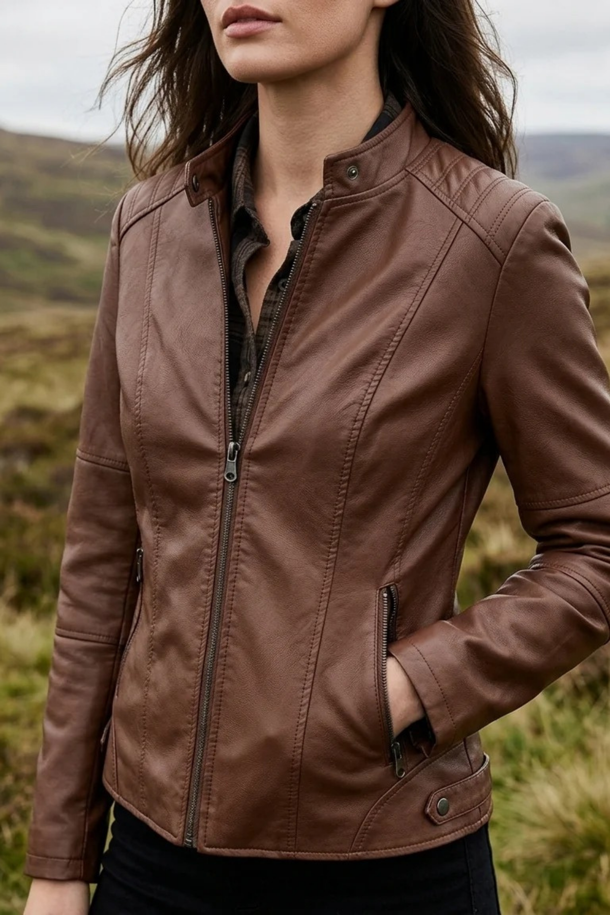 Women’s Leather Jacket Zip Front Classic Style