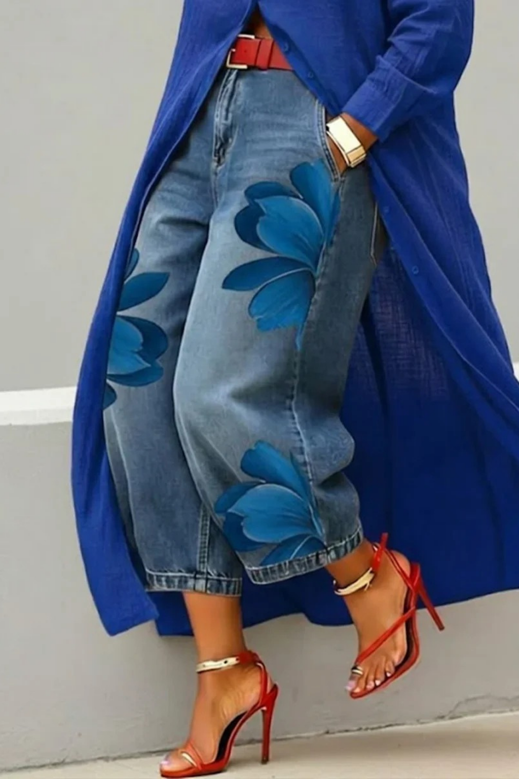 Shirt Dress and Floral Jeans Set
