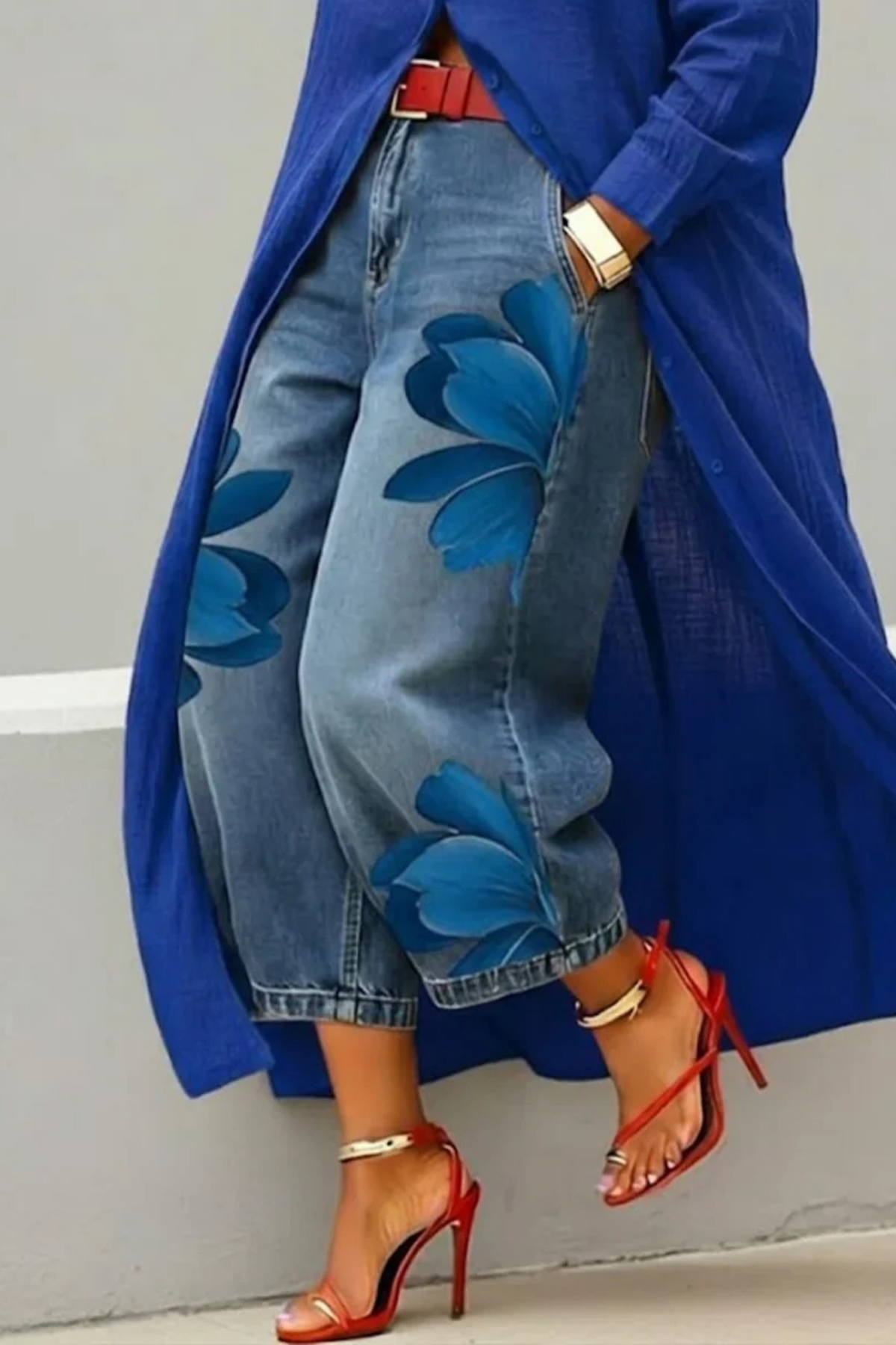 Shirt Dress and Floral Jeans Set