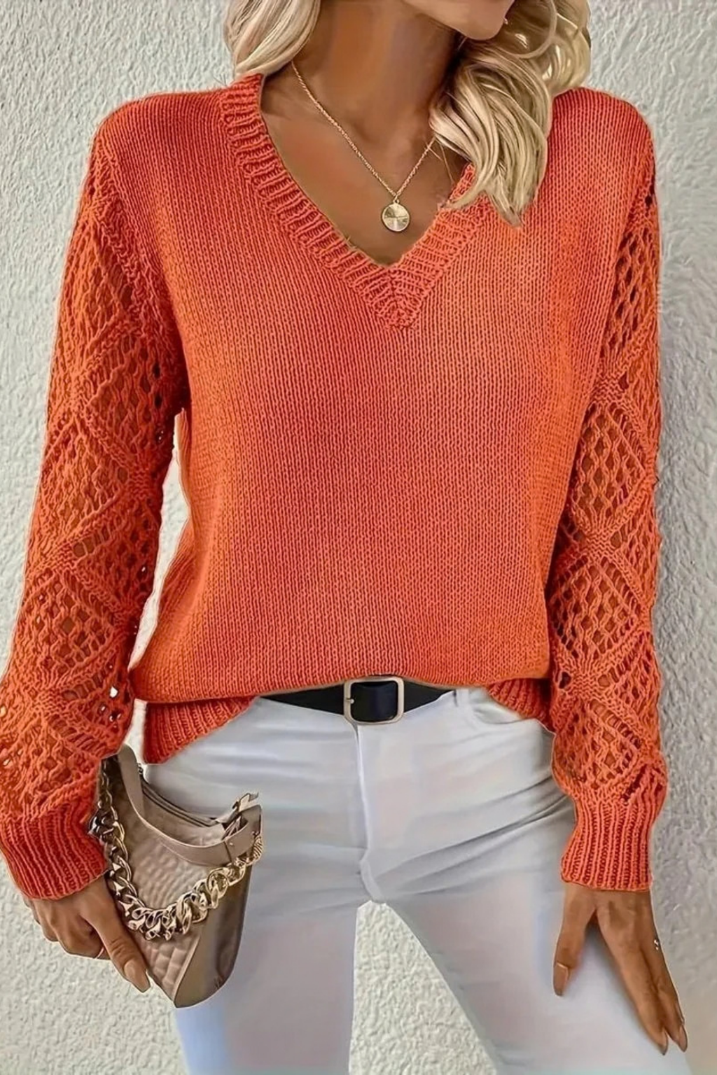 Women’s V-Neck Sweater Open Knit Sleeve Casual Style