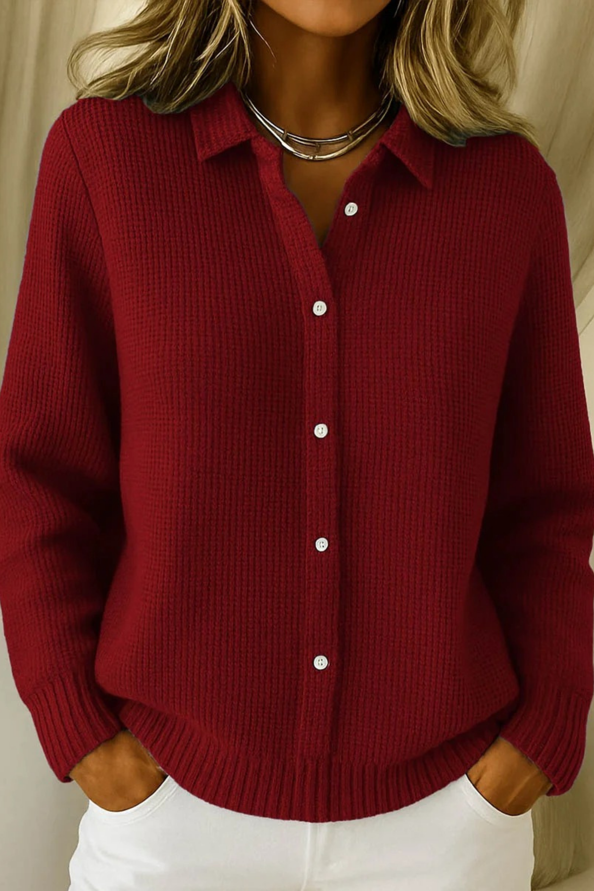 Collared Knit Cardigan Button Front Relaxed Style
