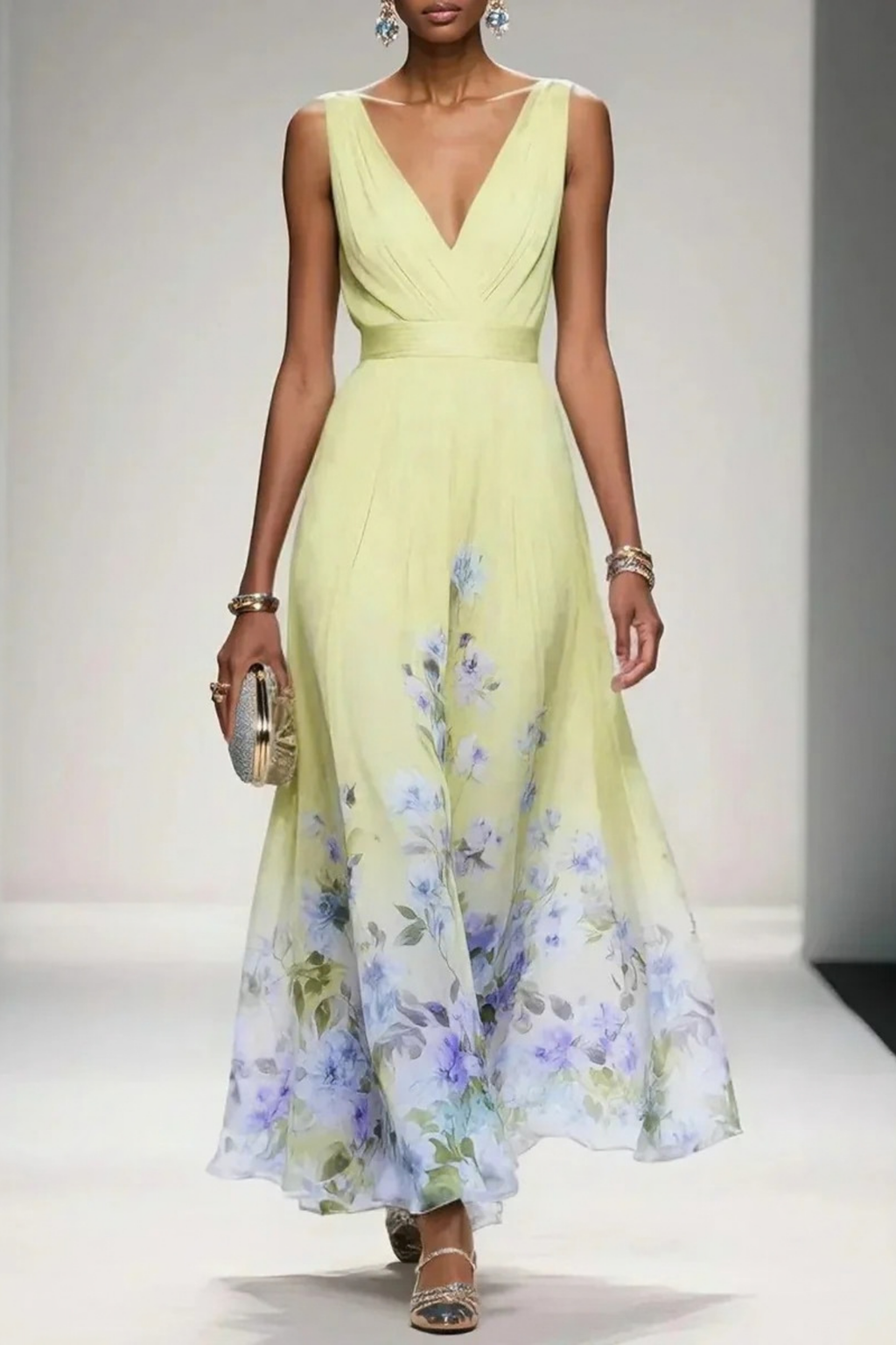 Maxi Wedding Guest Dress Floral V-Neck Elegant Style